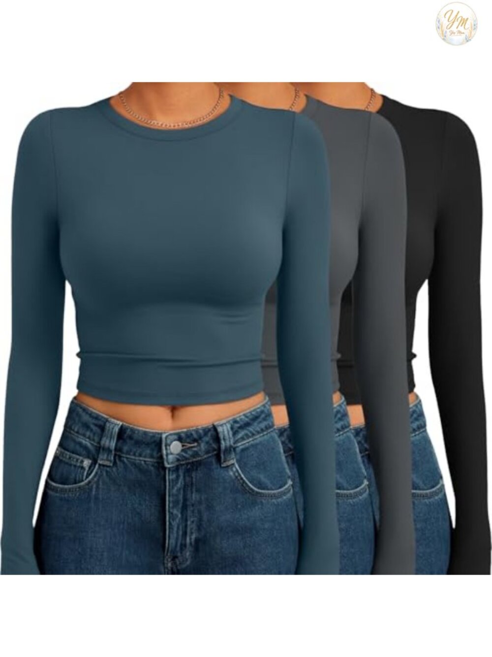 3 Pack Women Long Sleeve Crop Tops Gym Yoga Casual Slim Fit Crew Neck